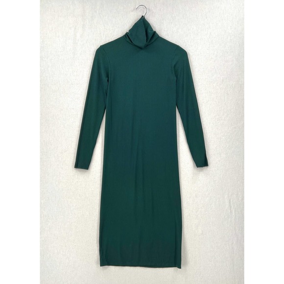 ENZA COSTA Compact Silk Rib Dress Women Medium Green Long Sleeve Turtleneck Midi - Picture 2 of 14